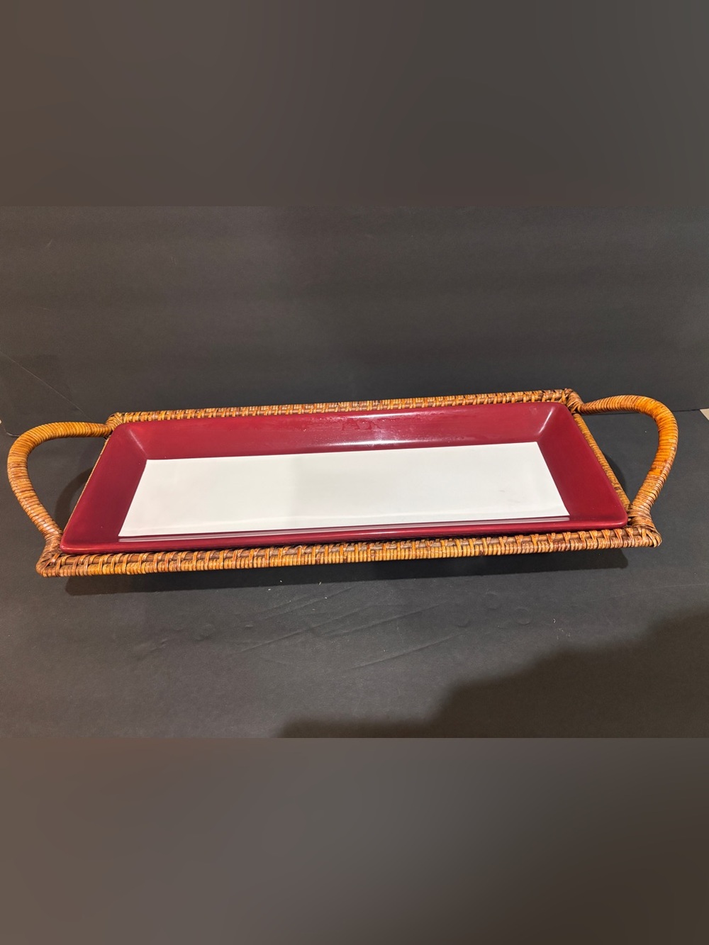 Pampered Chef Simple Additions Long Serving Platter & Woven Rattan Tray 18”